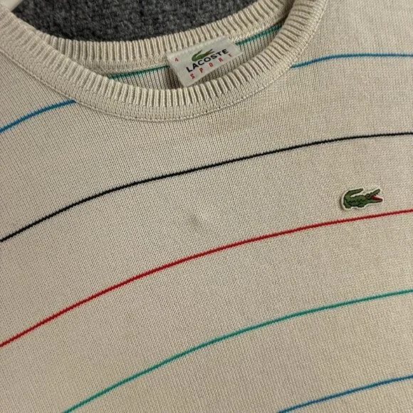 Lacoste Men Sweater Knit Croc Logo Striped Off White Casual Size 4 Medium Adult - Picture 10 of 16